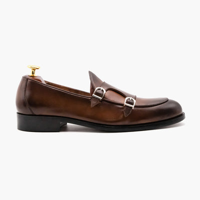 Double Strap Brown Black Monk Leather Shoes