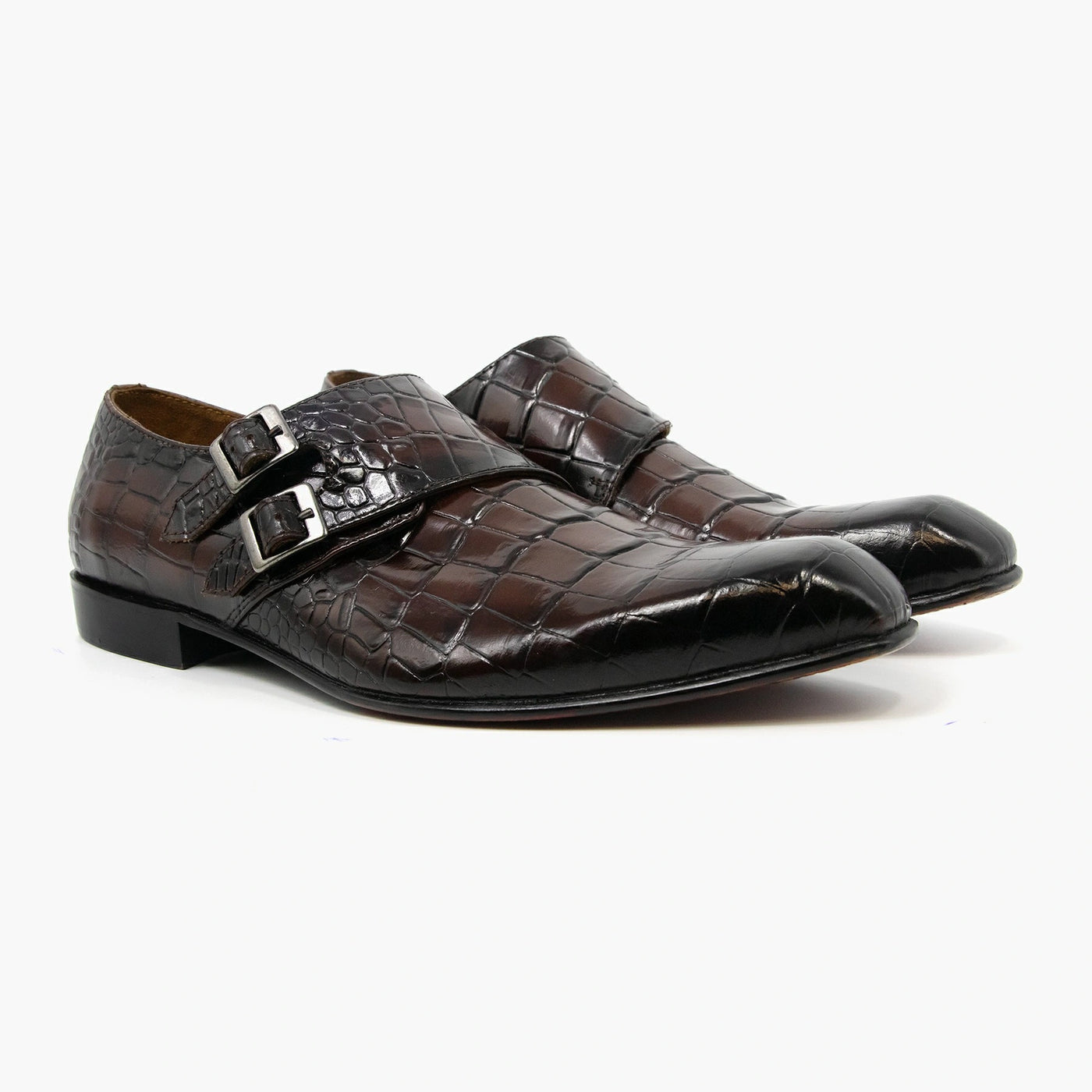 Croc Pattern Double Strap Cross Monk Leather Shoes