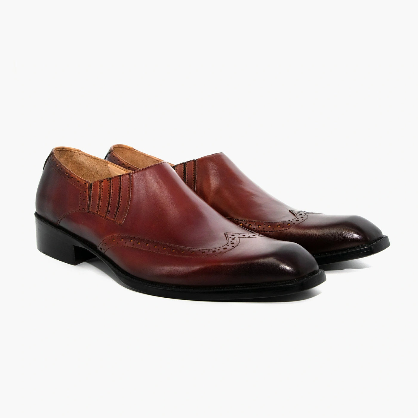 Men's Red Black Wingtip Slip-on Leather Shoes - Main Image