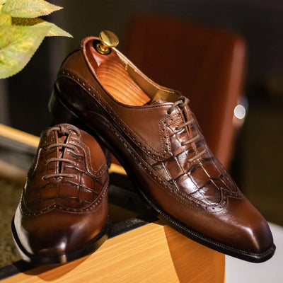 Brown Longwing Croc Pattern Oxford Shoes