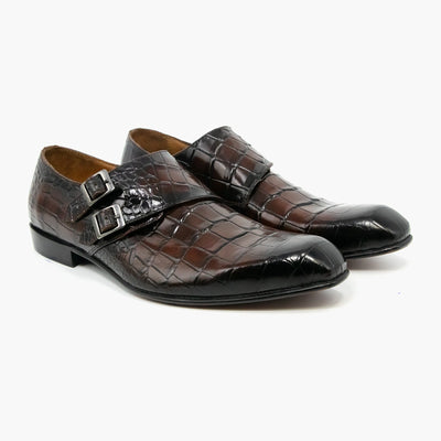 Croc Pattern Double Strap Cross Monk Leather Shoes