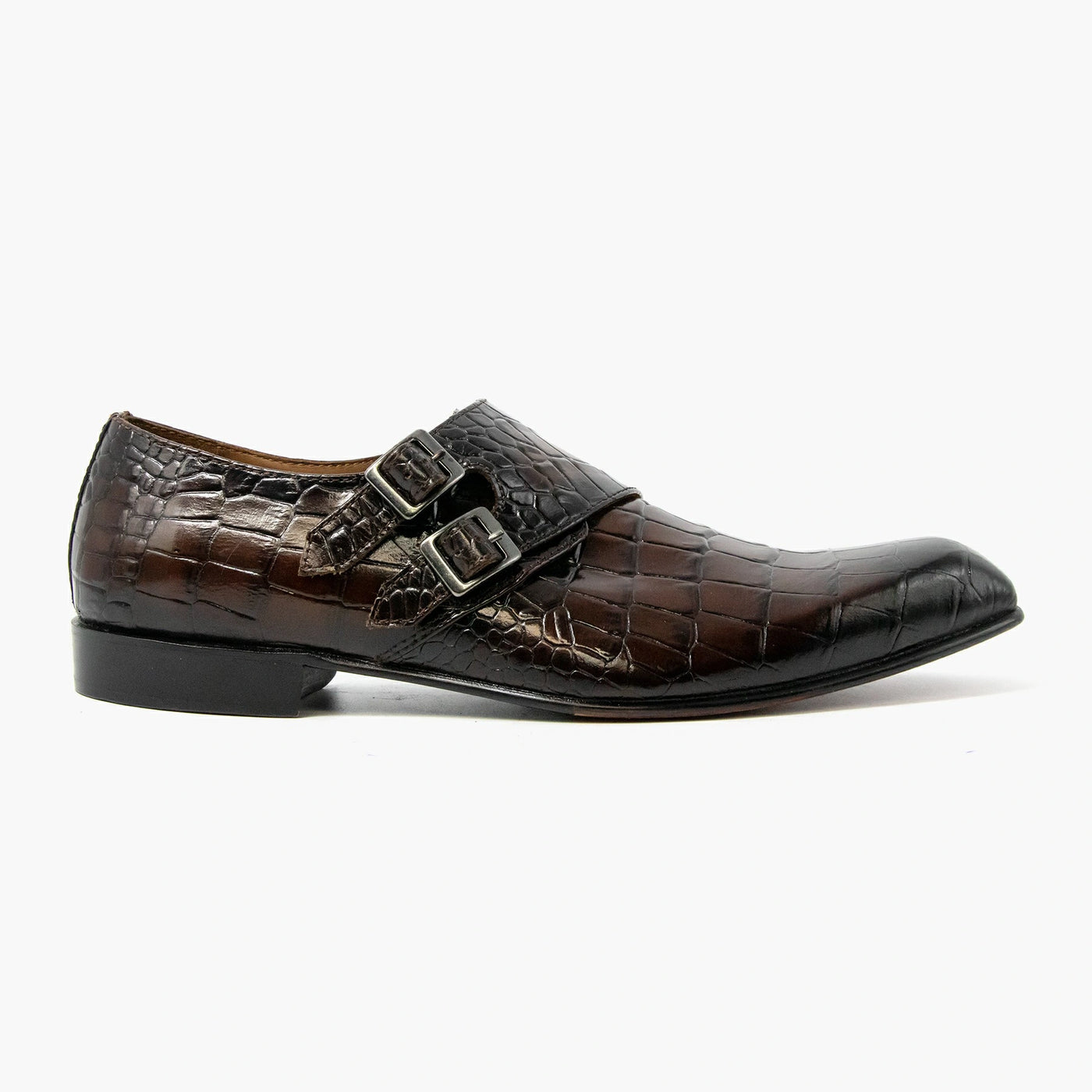 Croc Pattern Double Strap Cross Monk Leather Shoes