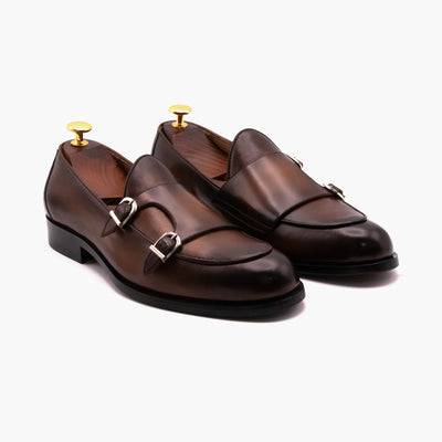 Double Strap Brown Black Monk Leather Shoes