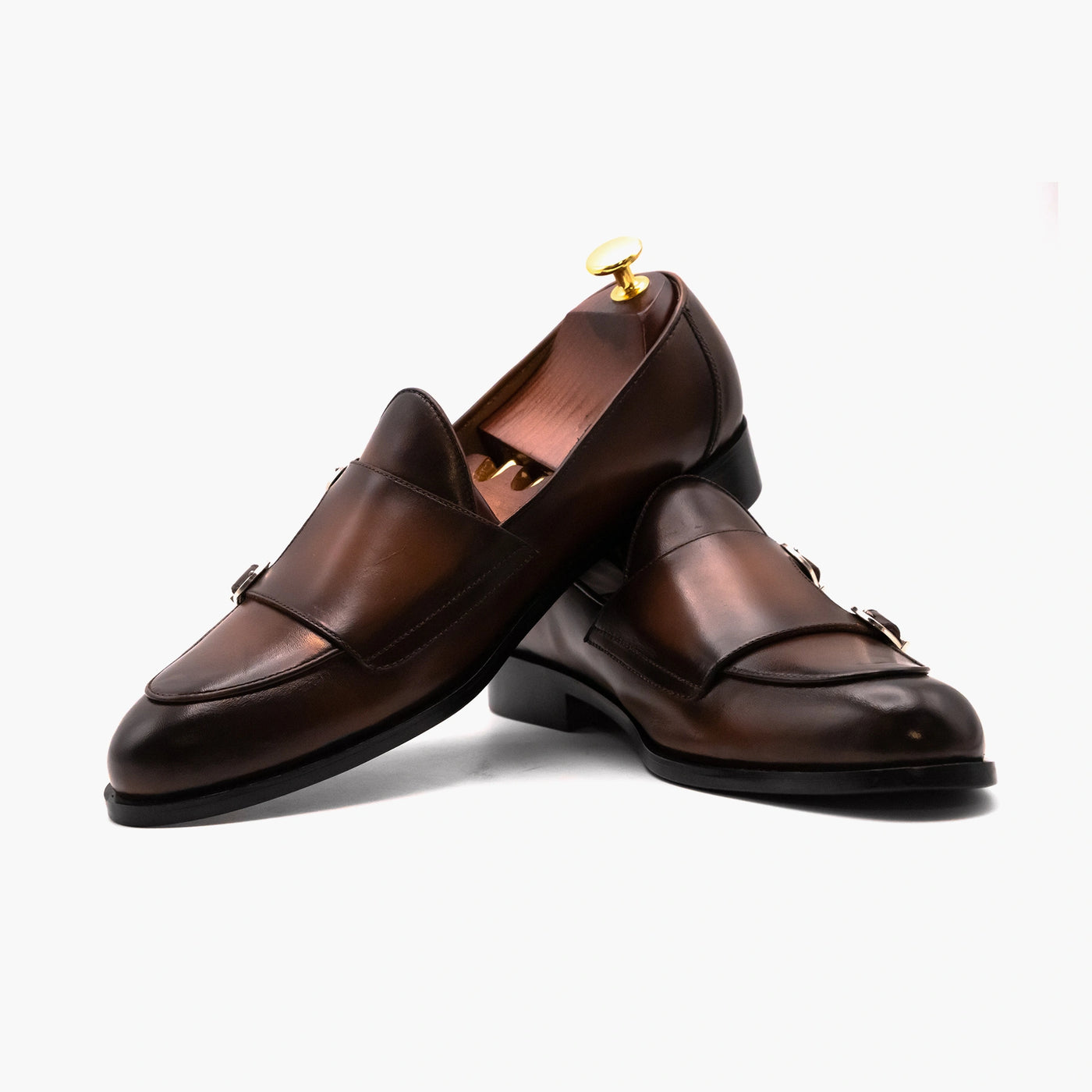 Double Strap Brown Black Monk Leather Shoes