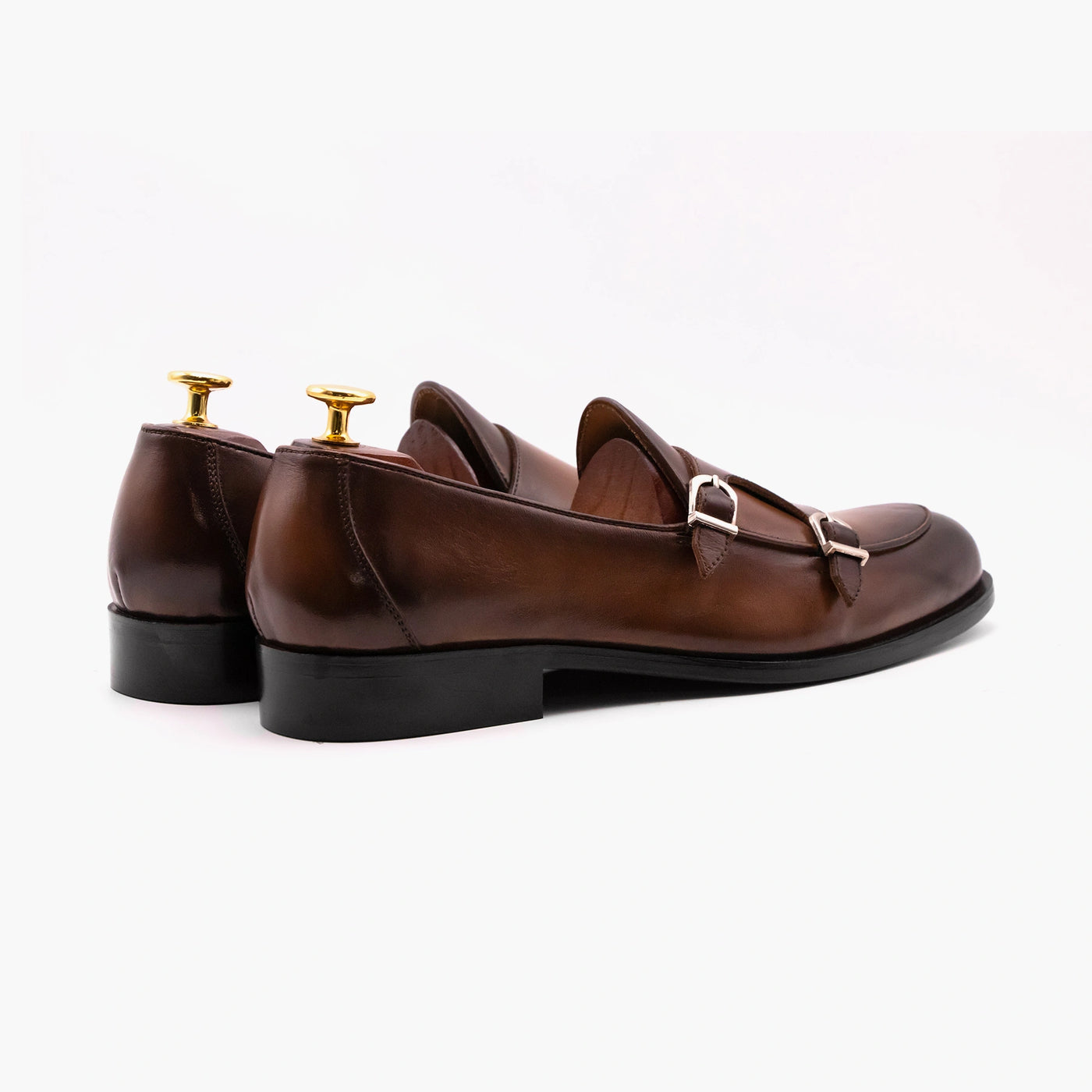 Double Strap Brown Black Monk Leather Shoes