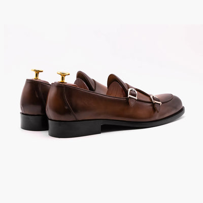 Double Strap Brown Black Monk Leather Shoes