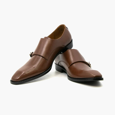 Brown Double Strap Monk Leather Shoes