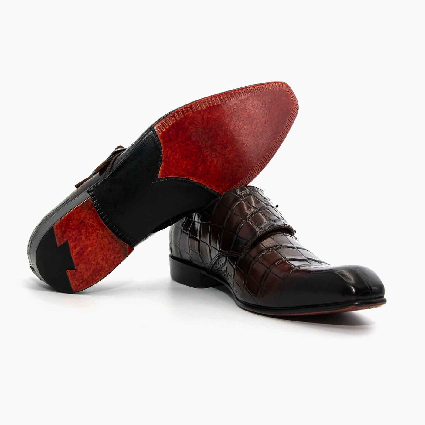 Croc Pattern Double Strap Cross Monk Leather Shoes