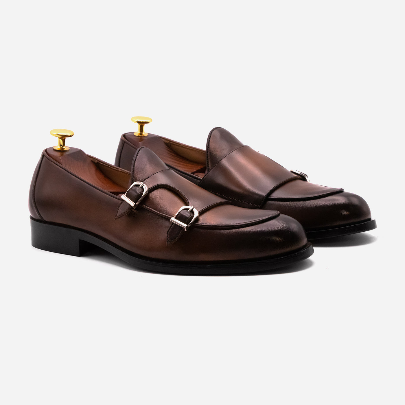 Double Strap Brown Black Monk Leather Shoes